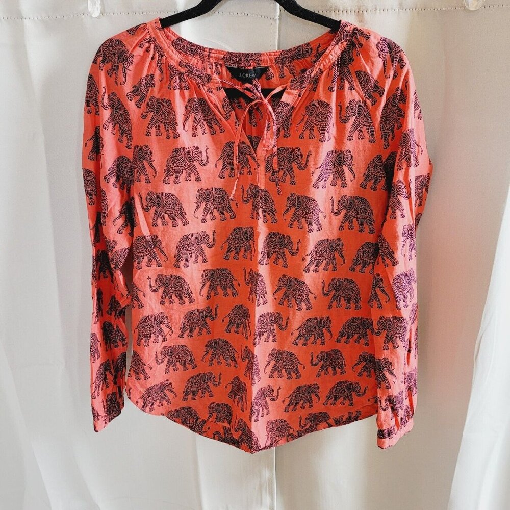 J Crew Womens Top Size 6 Pink Elephant Graphic 100% Cotton Boho Jungle 16434